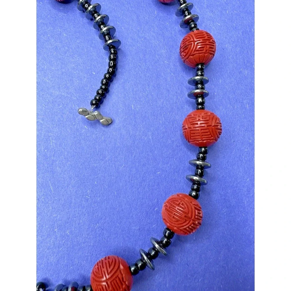 Cinnabar Hand Carved Necklace Red Beads Dangle Hematite Black Quartz ‎ 22